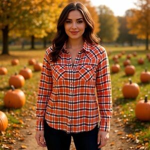 JOIE Oversized Button Down Plaid Orange Long Sleeve Shirt Sz XS
